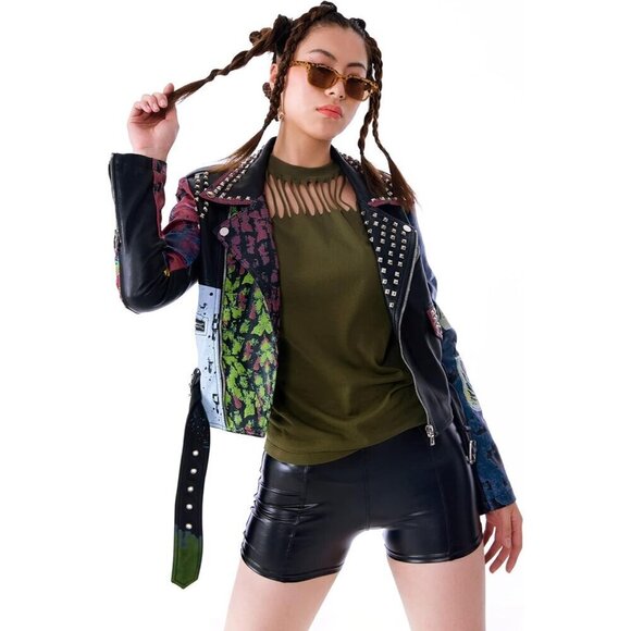 DARKSHE Women's Faux Leather Hells cream, Black/Purple Jacket Fashion Coat - Picture 3 of 6